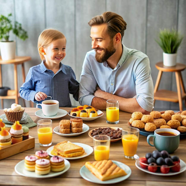 사진 한 남자 와 한 아이 가 음식 과 음료 를 가진 테이블 에 앉아 있다