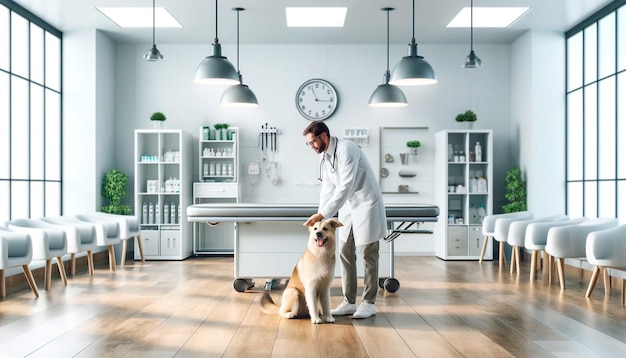 写真 彼らの上に時計がある部屋の男と犬