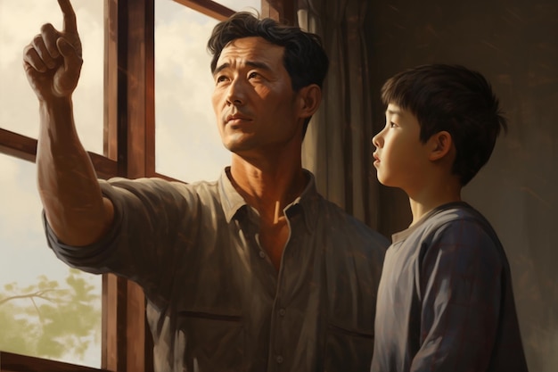 写真 男と韓国人の少年が窓の前で一緒に立っています