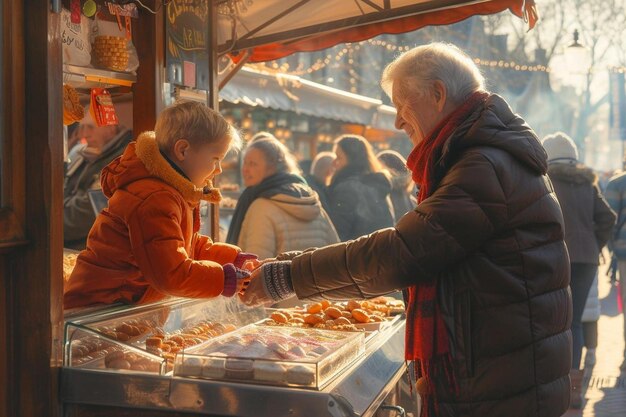 Фото Мужчина и маленькая девочка покупают пончики на рынке.