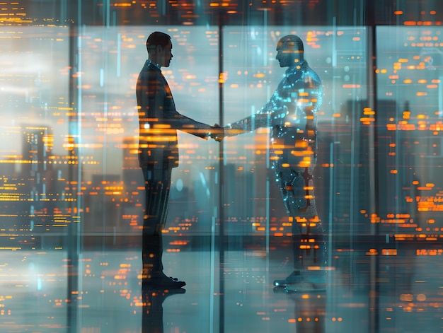 Фото Человек и робот пожимают друг другу руки перед окном.