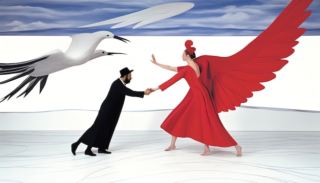 Фото Мужчина и женщина держатся за руки, а птица летает по небу.