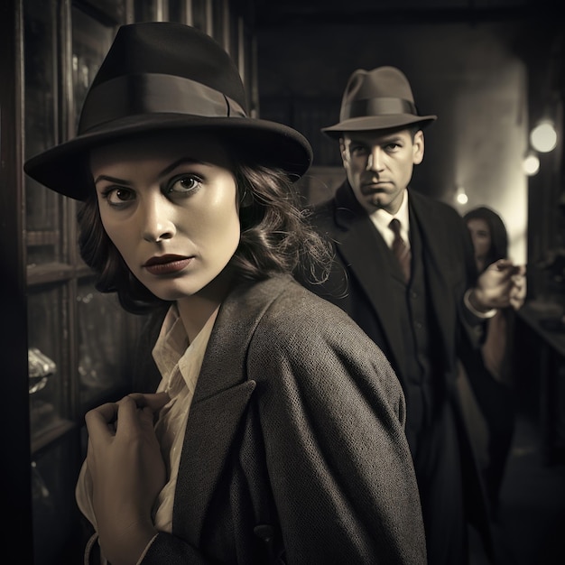 사진 남자와 여자가 어두운 방에 모자와 모자를 입은 남자와 함께 있습니다.