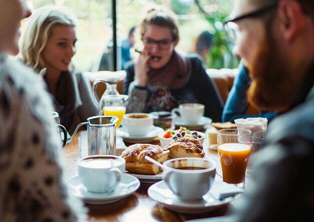 写真 男性と女性が食べ物と飲み物を持ったテーブルに座っています