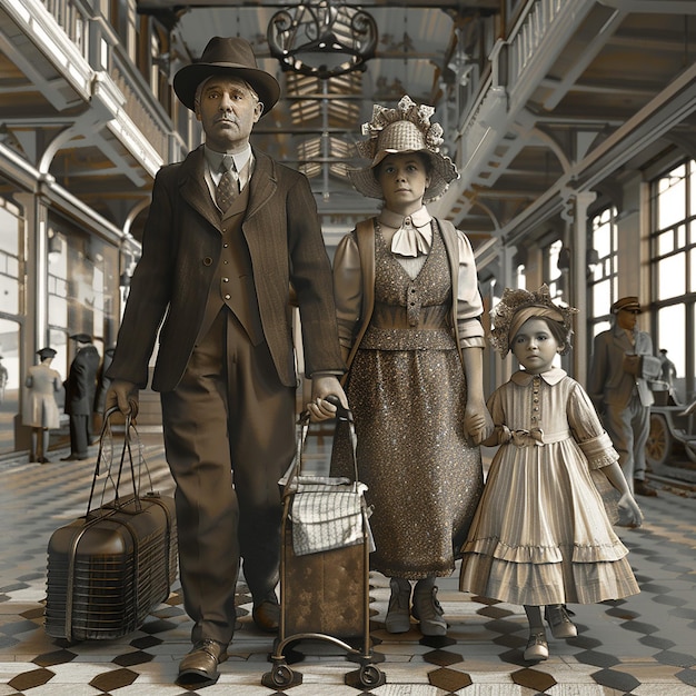 Фото Мужчина и женщина стоят в здании с женщиной и двумя детьми