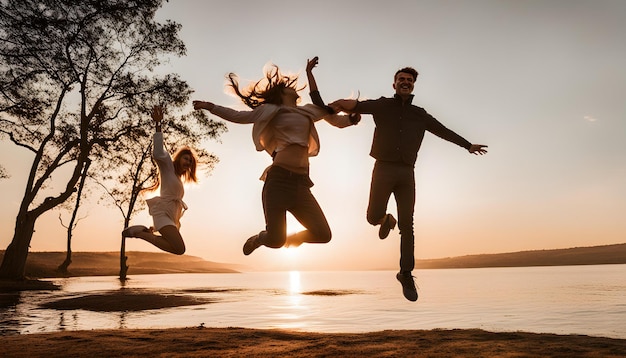 Фото Мужчина и женщина прыгают в воздух с солнцем за ними