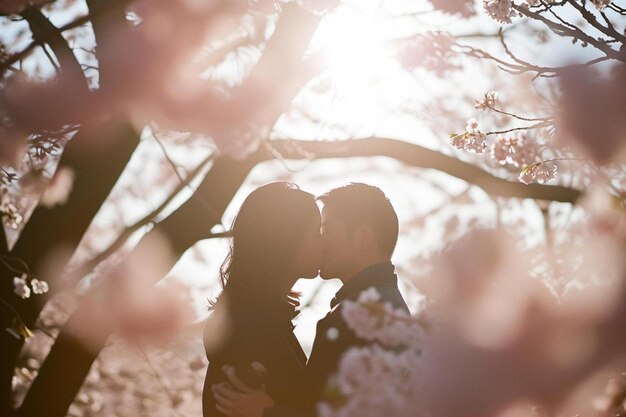 写真 木の下でキスしている男女