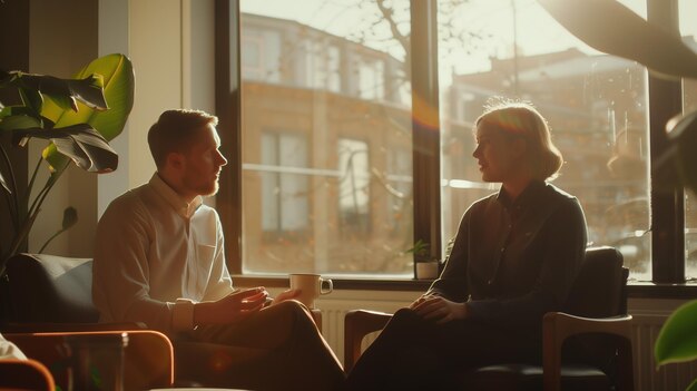 写真 男性と女性がリビングに座っている