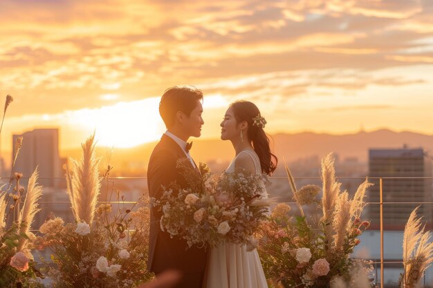 사진 남성과 여성이 에 서서 배경 앞에 포즈를 취하고 있습니다. 해가 지는 동안 도시 지붕에서 마이크로 웨딩 ai 생성