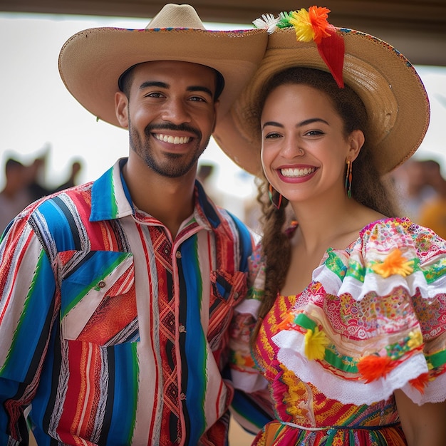 Фото Мужчина и женщина в красочных платьях и шляпе с радужной лентой на шее