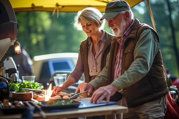 写真 男性と女性がピクニックテーブルで一緒に料理をしています