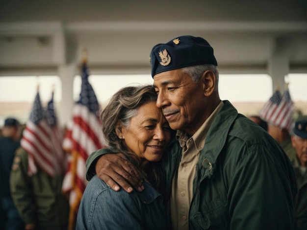 写真 アメリカの国旗と国旗の前で抱き合う男性と女性