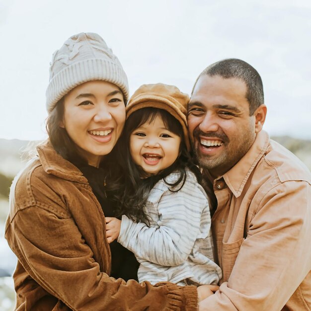 写真 男と女が子供と写真を撮るポーズをとっている