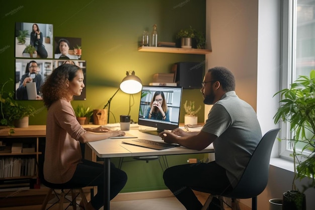 写真 男性と女性がコンピュータ画面の前でテーブルに座っています