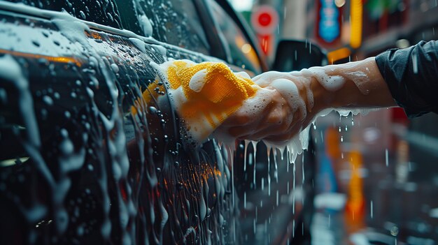 Фото Мужчина чистит машину тканью из микрофибра