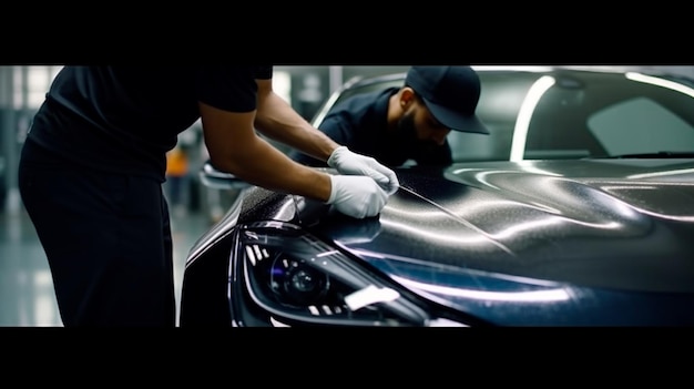 Фото Мужчина чистит черную машину тканью из микрофибры, детализируя автомобиль генеративный ии