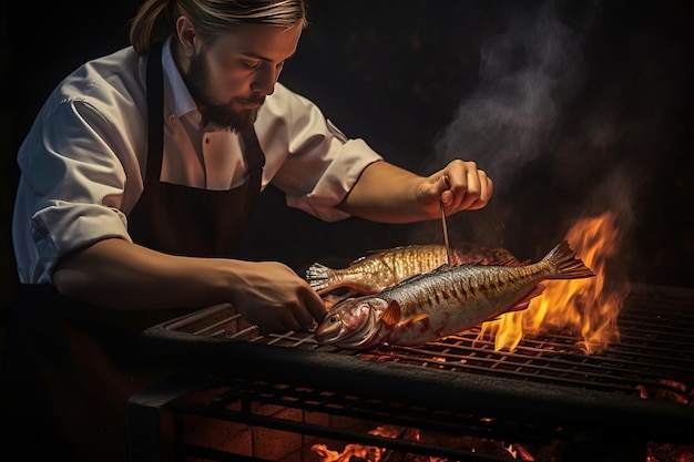 写真 グリルで魚を調理している男