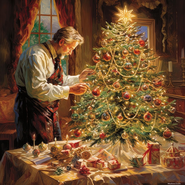 Фото Человек, украшающий рождественскую елку с изображением человека, украшающего ее свечой