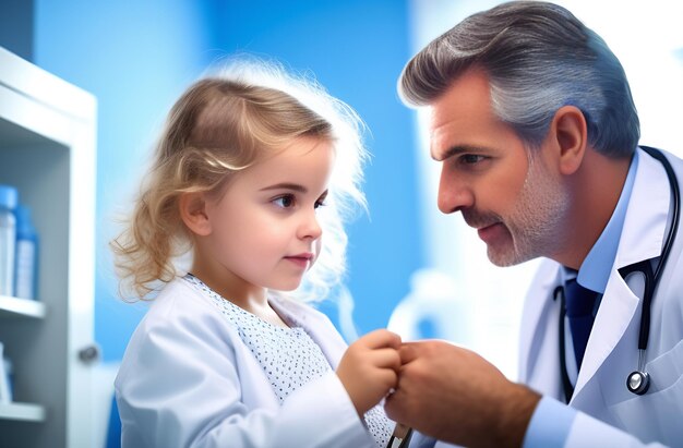 사진 실험실 코트 와 스테토스코프 를 입은 남자 의사 가 병원 방 에서 작은 아이 를 검사 하고 있다