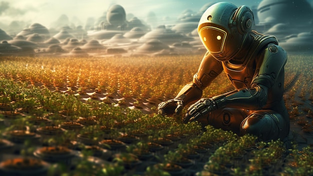 사진 외계인 의상을 입은 남자가 선 행성에서 식물을 재배하고 있습니다.