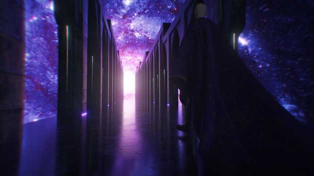 Фото Человек, одетый в ткань, идет по коридору космической науки с неоновым освещением. пусть на планете земля. фантастическая концепция будущего. концепция познания космоса человеком. 3d анимация