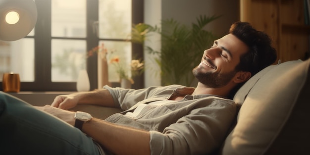 Фото Человек засыпает на диване с улыбкой генеративный ии