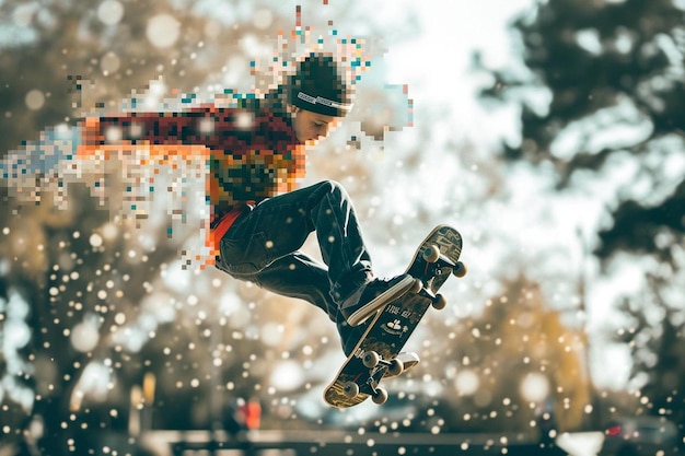 写真 スケートボードに乗っている間に空を飛ぶ男