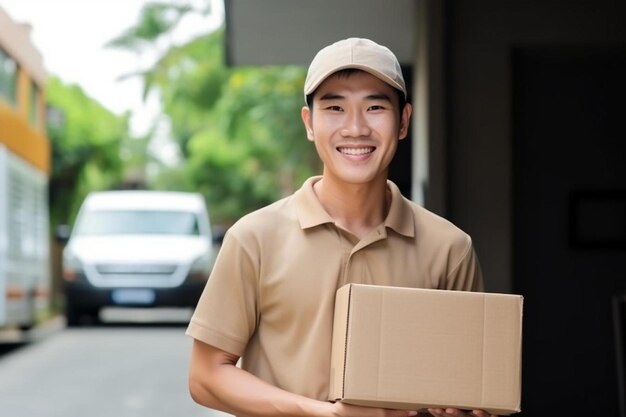 写真 バスの前で箱を持った男