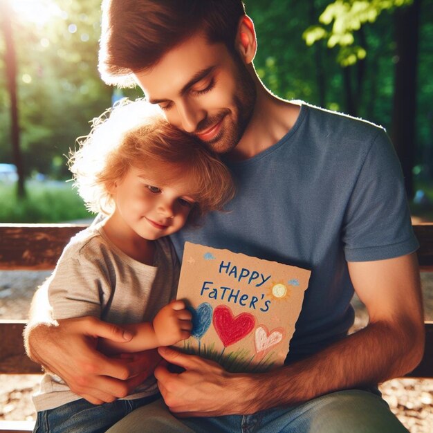 Фото Человек с ребенком на руках с открыткой 