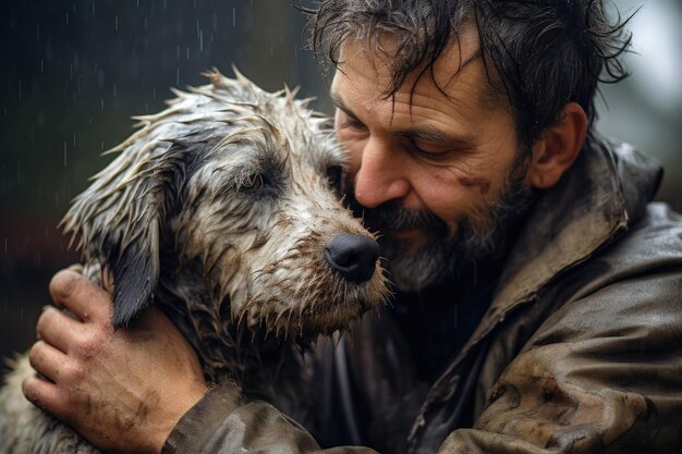 写真 雨の中れた犬を抱きしめる男