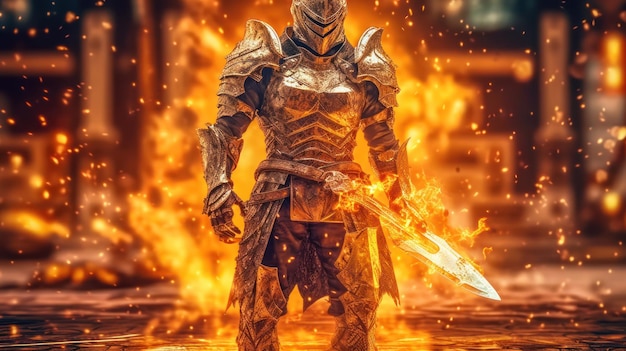 写真 鎧を着た男が剣を手に火の前に立っています。