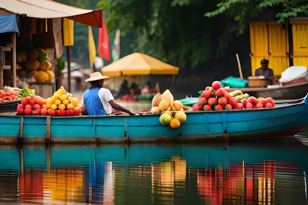 写真 果物をたくさん積んだ青いボートに乗った男性