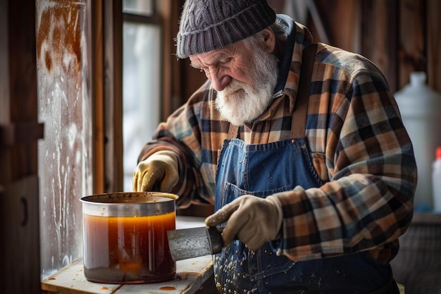 写真 帽子とオーバーオールを着た男が鍋に何かを混ぜている