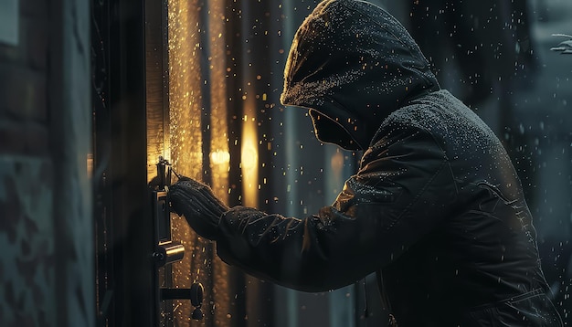 写真 a man in a hoodie is trying to open a door