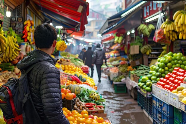 写真 市場で果物や野菜を見ている男性