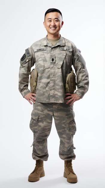 사진 군복을 입은 남자가 사진을 찍기 위해 포즈를 취하고 있다