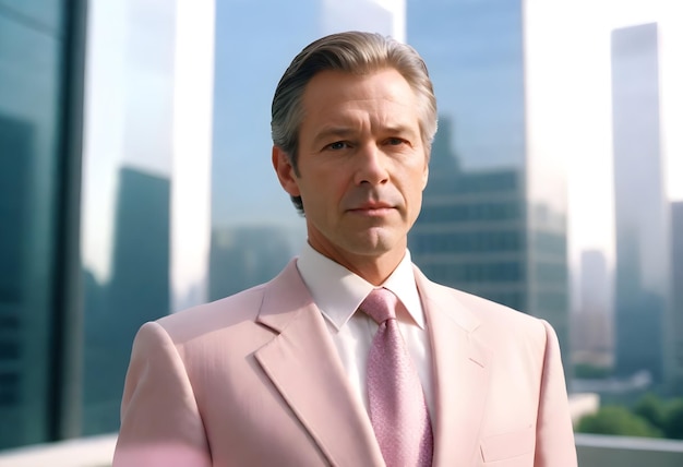 Фото Человек в розовом костюме стоит перед окном.