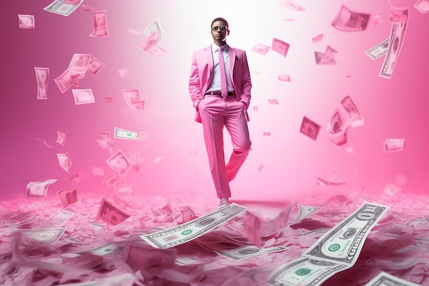 写真 ピンクのスーツを着た男性がピンクの背景でさまざまな方向に飛ぶドルを歩いています