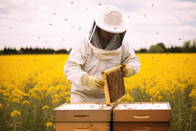 写真 保護マスクをかぶった男美しい花の草原で蜂蜜を集める養蜂家