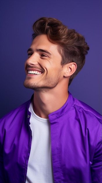 Фото Мужчина в фиолетовой куртке улыбается в камеру