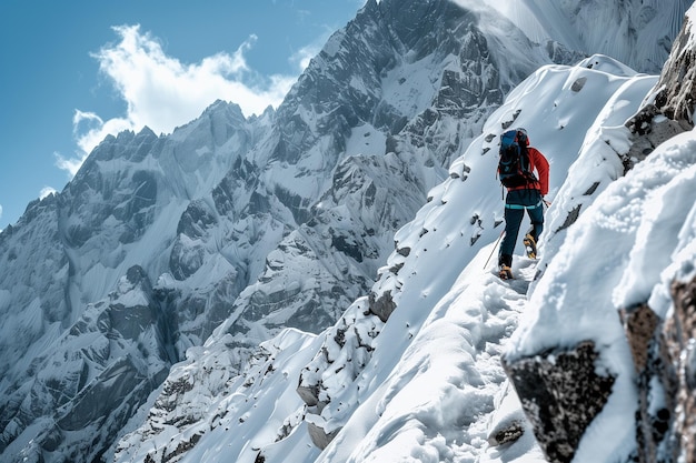 写真 赤いジャケットを着た男が雪の山を登っている