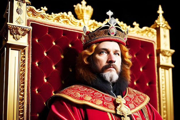 Фото На красном троне сидит человек в красной королевской короне.