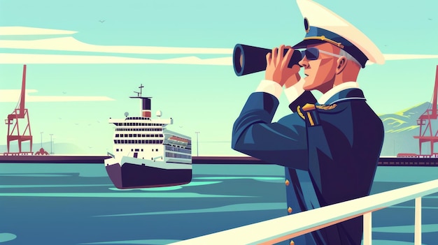 写真 海兵隊のユニフォームを着た男性が双眼鏡を通して船を眺めています海事や旅行のコンセプトに適しています