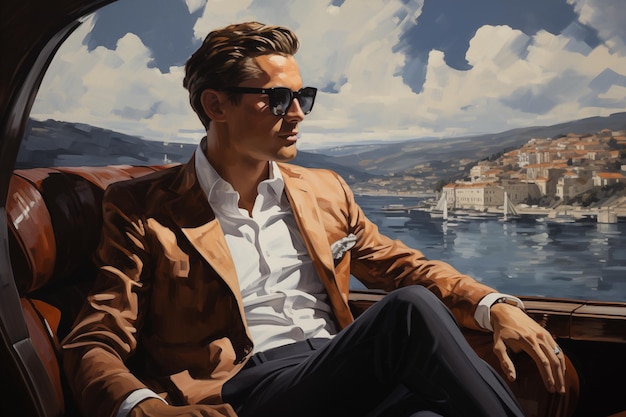 Фото Мужчина в костюме восхищается видом на гавань, яхты и городской пейзаж купаются в теплых тонах.