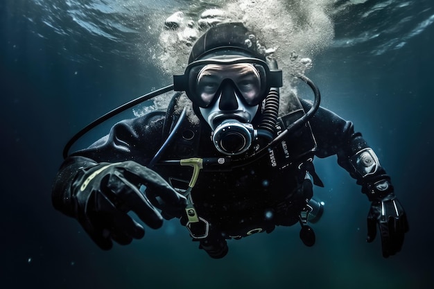Фото Мужчина в костюме и шлеме ныряет под воду.