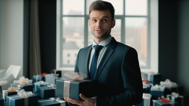 Фото Мужчина в костюме держит коробку с мужчиной внутри.