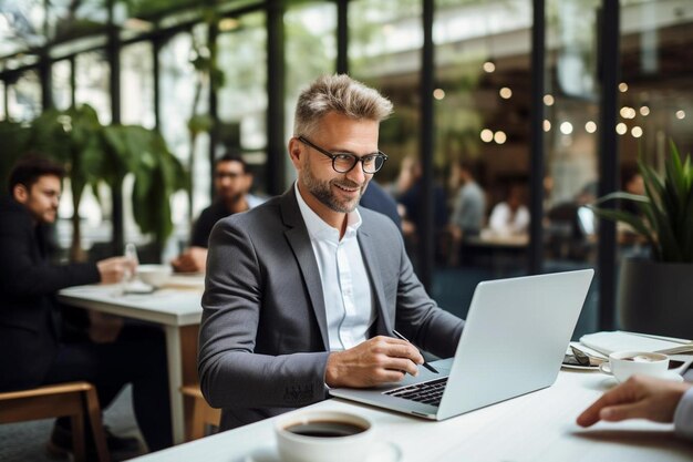 写真 スーツを着た男性がラップトップとコーヒーを持ったテーブルに座っています