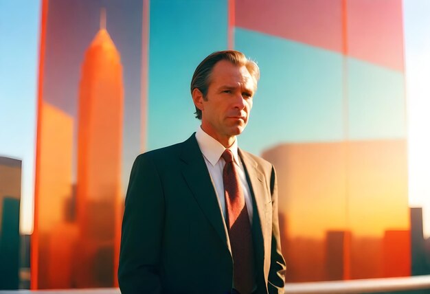 Foto a man in a suit stands in front of a colorful backdrop