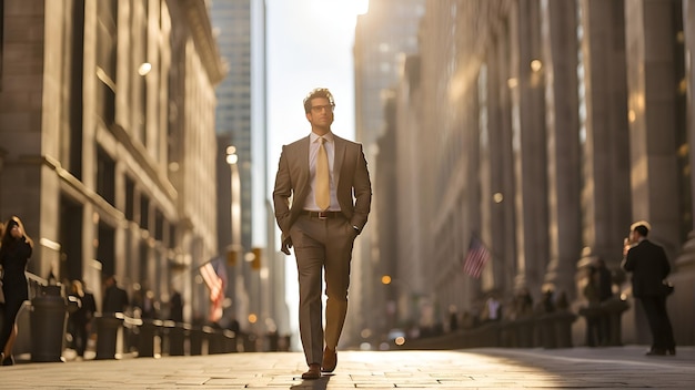 写真 スーツを着た男性が建物の前で通りを歩いている自信のあるビジネスマンが歩いている