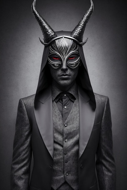 Фото Мужчина в костюме с маской с красными глазами и черно-белой маской с красными глазами.